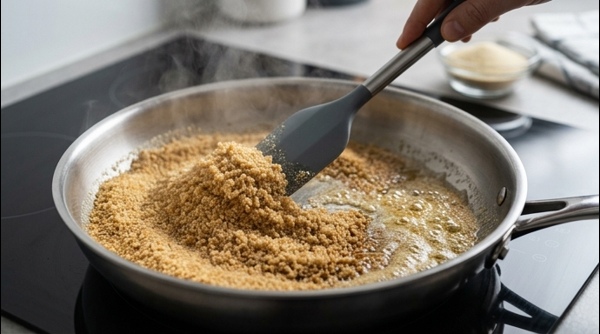 Plated Sooji Halwa in a modern ceramic bowl with steam rising