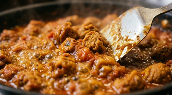 Plated street style soya chaap with cream garnish and fresh herbs