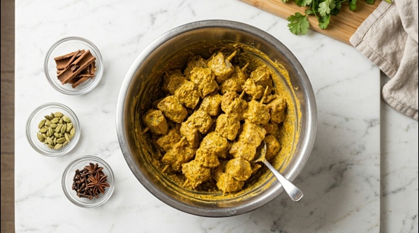 Frying soya chaap pieces until golden brown in a modern pan