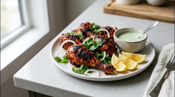 A platter of juicy tandoori chicken with charred edges and lemon wedges