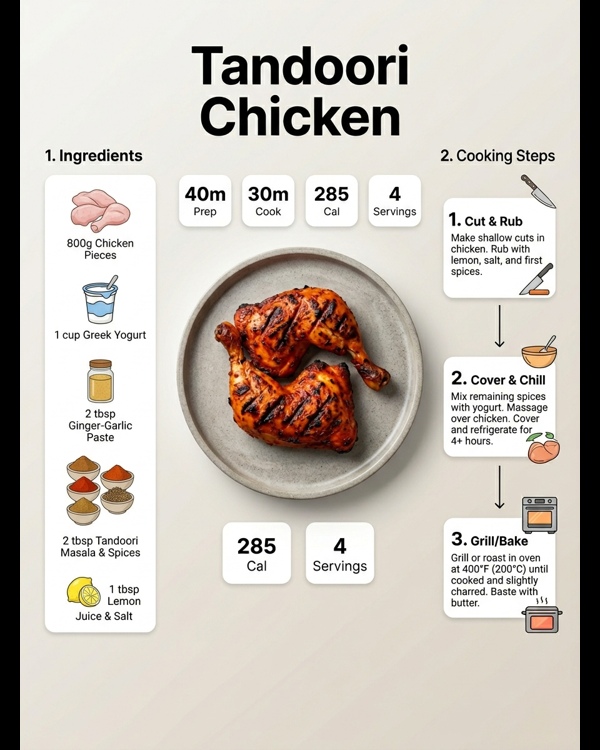 A platter of juicy tandoori chicken with charred edges and lemon wedges