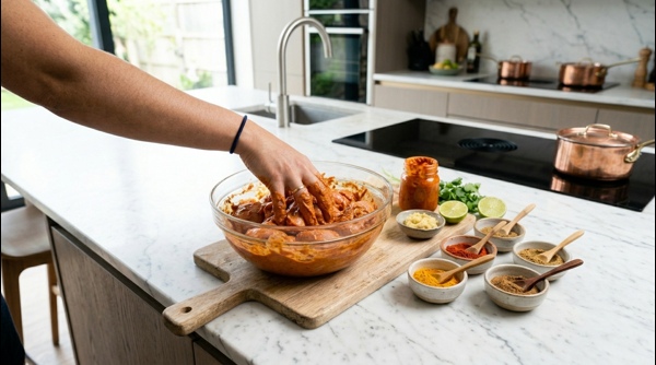 Chicken pieces being coated in a thick red spice marinade