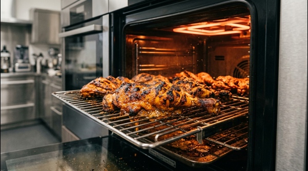 Tandoori chicken grilling on a wire rack inside a modern oven