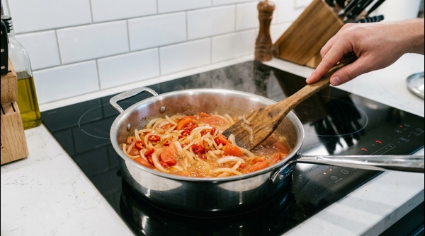 The finished tomato chutney being poured into a serving bowl