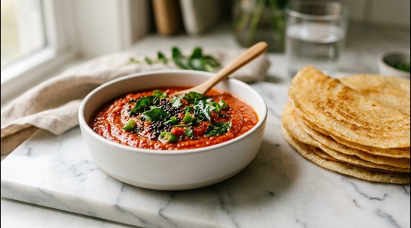 A bowl of vibrant South Indian style tomato chutney garnish with curry leaves