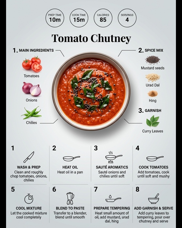 A bowl of vibrant South Indian style tomato chutney garnish with curry leaves