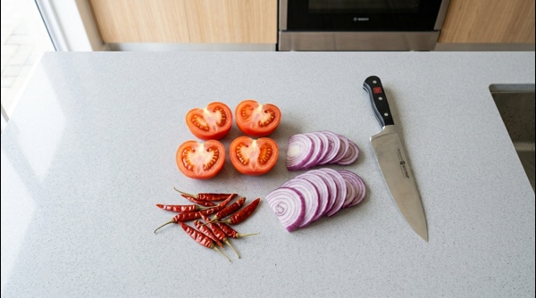 Slicing onions and chilies being sautéed in a modern pan