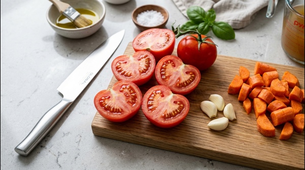 Freshly sliced red tomatoes and peeled onions on a clean white marble cutting board Freshly sliced red tomatoes and peeled onions on a clean white marble cutting board