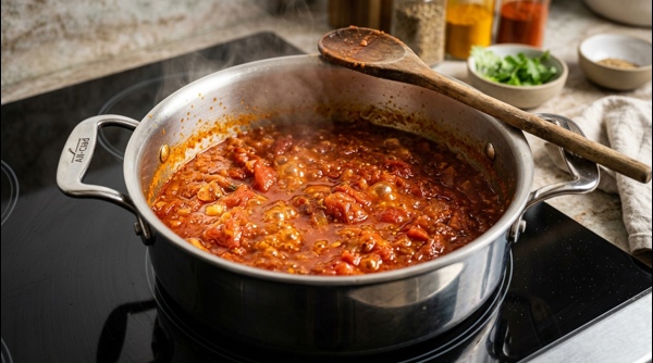 The finished tomato rice served in a ceramic bowl with steam rising