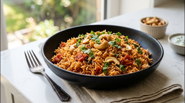 A beautiful plate of tangy tomato rice garnished with fresh cilantro in a modern kitchen