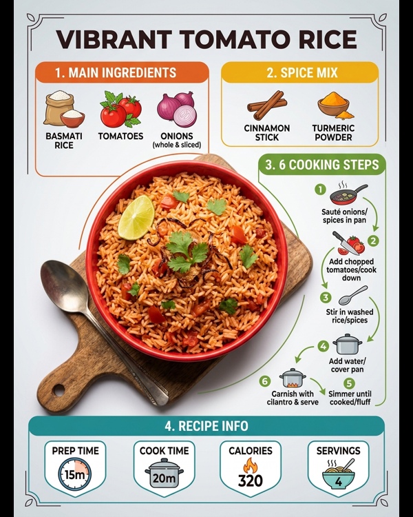 A beautiful plate of tangy tomato rice garnished with fresh cilantro in a modern kitchen