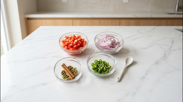 Chopped tomatoes, onions, and whole spices arranged neatly on a modern white countertop
