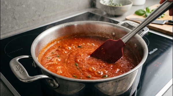 A stainless steel pot filled with smooth tomato soup simmering on a modern induction stove A stainless steel pot filled with smooth tomato soup simmering on a modern induction stove