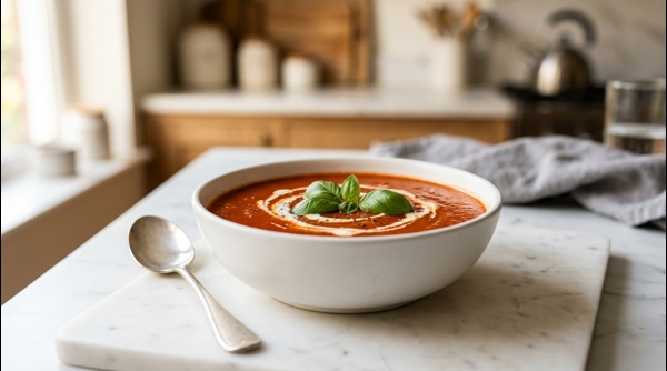 Creamy tomato soup in a white ceramic bowl garnished with fresh basil and cream swirl on a marble countertop Creamy tomato soup in a white ceramic bowl garnished with fresh basil and cream swirl on a marble countertop