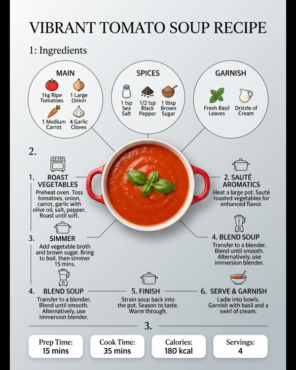 Creamy tomato soup in a white ceramic bowl garnished with fresh basil and cream swirl on a marble countertop Creamy tomato soup in a white ceramic bowl garnished with fresh basil and cream swirl on a marble countertop