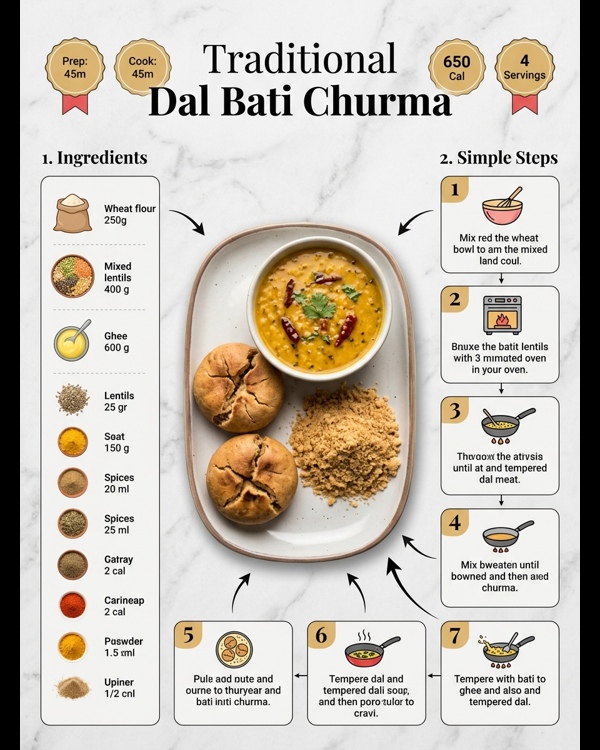 A professionally plated serving of Dal Bati Churma with ghee and lemon