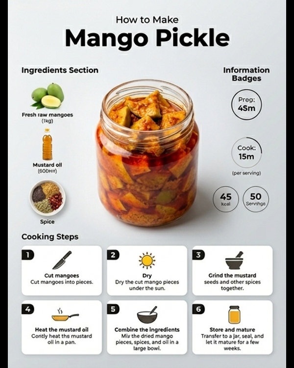 A glass jar of traditional mango pickle with bright yellow mango chunks and red spice oil