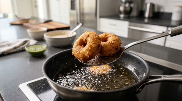 Plated Mumbai Vada Pav with dry garlic chutney and fried chilies on a marble surface