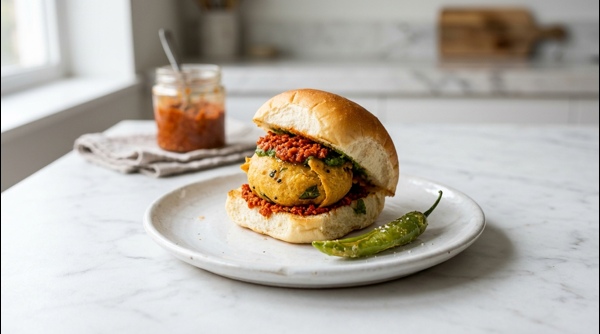Authentic Mumbai Vada Pav served with spicy red chutney and fried green chilies