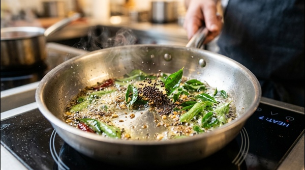 Sautéing mustard seeds and curry leaves in a modern pan for the potato filling