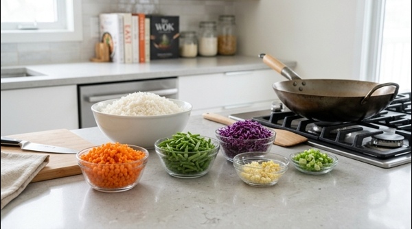 Sautéing garlic and ginger in a hot wok for fried rice