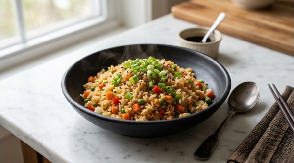 A steaming bowl of restaurant-style veg fried rice with colorful vegetables and spring onions
