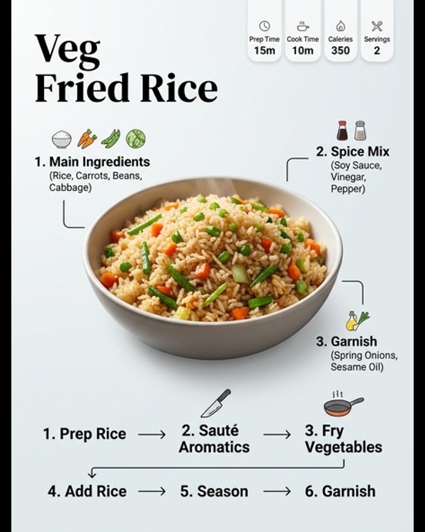 A steaming bowl of restaurant-style veg fried rice with colorful vegetables and spring onions