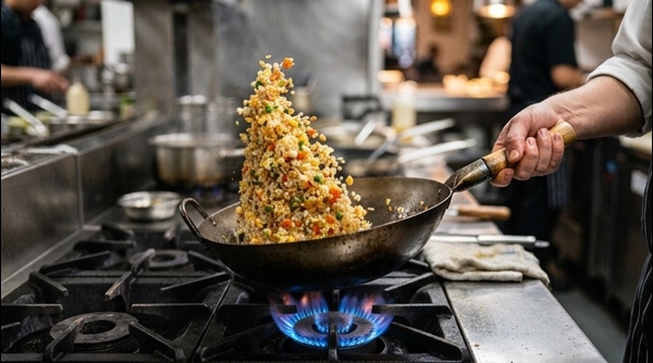 A finished plate of veg fried rice garnished with fresh spring onions