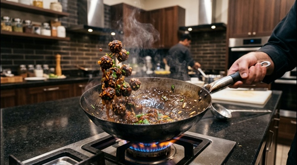 Finished Veg Manchurian garnished with fresh spring onions