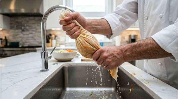 Grated vegetables being squeezed to remove excess moisture