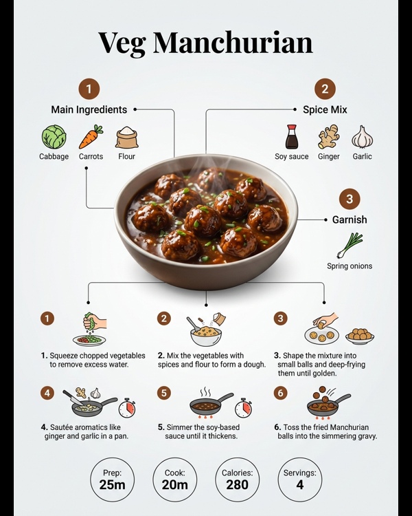 Crispy Veg Manchurian balls tossed in a glossy dark umami sauce