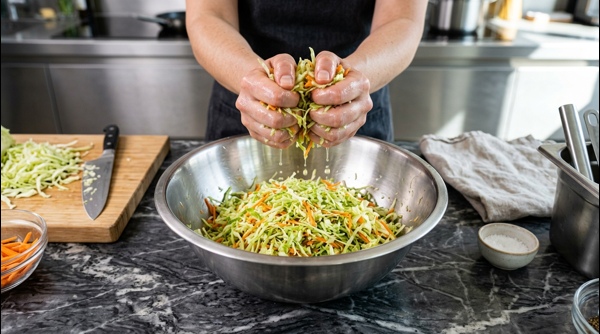 Freshly grated cabbage and carrots being squeezed to remove excess moisture