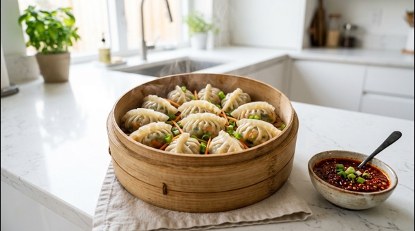 Steaming hot street style veg momos served with spicy red chutney in a modern kitchen