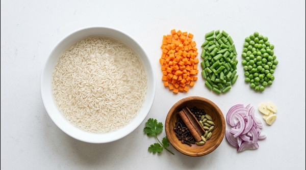 Long grain basmati rice soaking in a clear glass bowl of water Long grain basmati rice soaking in a clear glass bowl of water