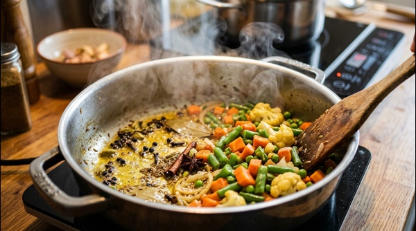 The finished veg pulao being fluffed with a fork in a modern stainless steel pot The finished veg pulao being fluffed with a fork in a modern stainless steel pot
