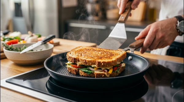 A toasted veg sandwich cut into triangles and served on a modern plate