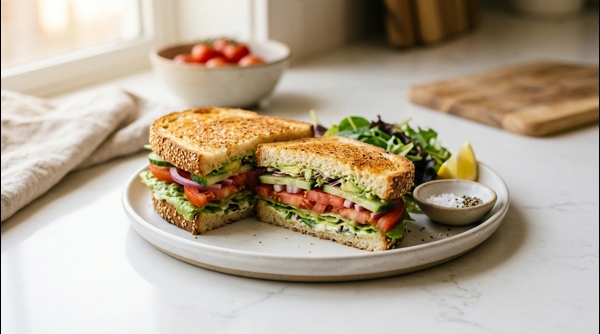 A perfectly toasted Veg Sandwich with vibrant vegetable layers served on a white plate