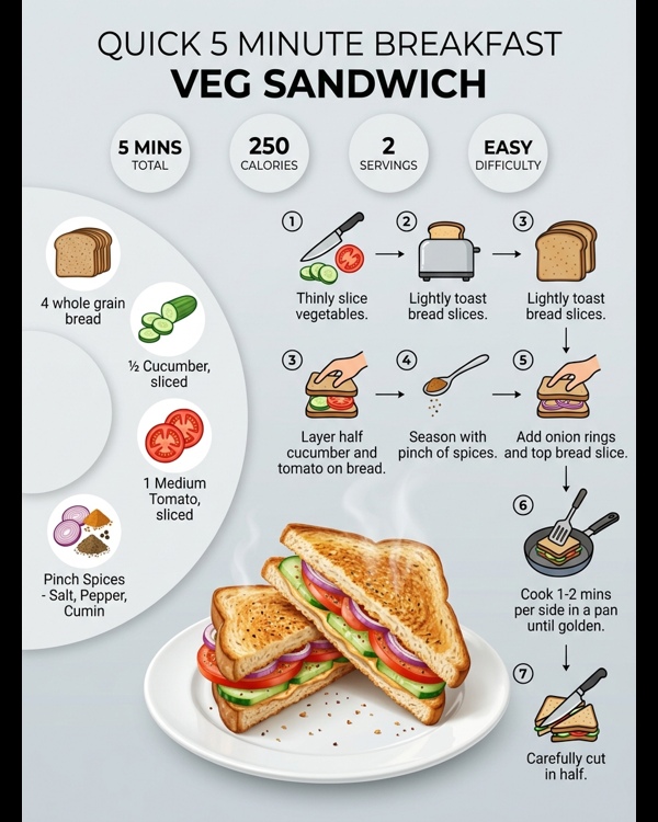 A perfectly toasted Veg Sandwich with vibrant vegetable layers served on a white plate