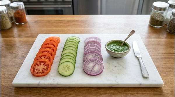 Slicing fresh cucumbers and tomatoes on a clean white marble countertop