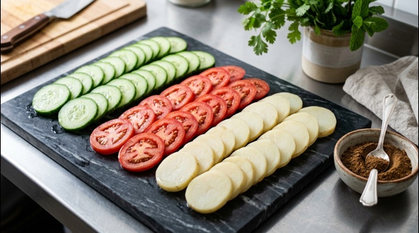 Slicing fresh cucumbers and tomatoes on a modern kitchen counter