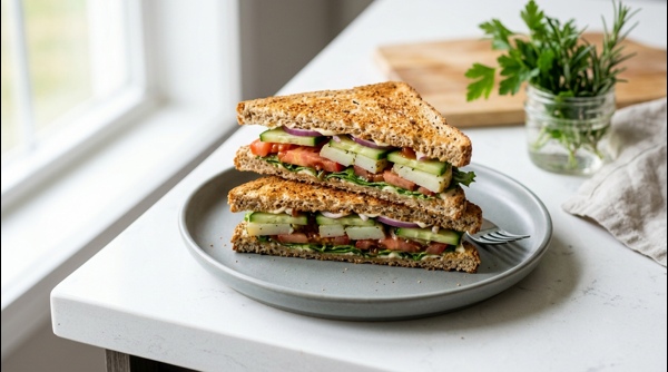 A professionally plated veg sandwich with fresh layers and golden toasted bread