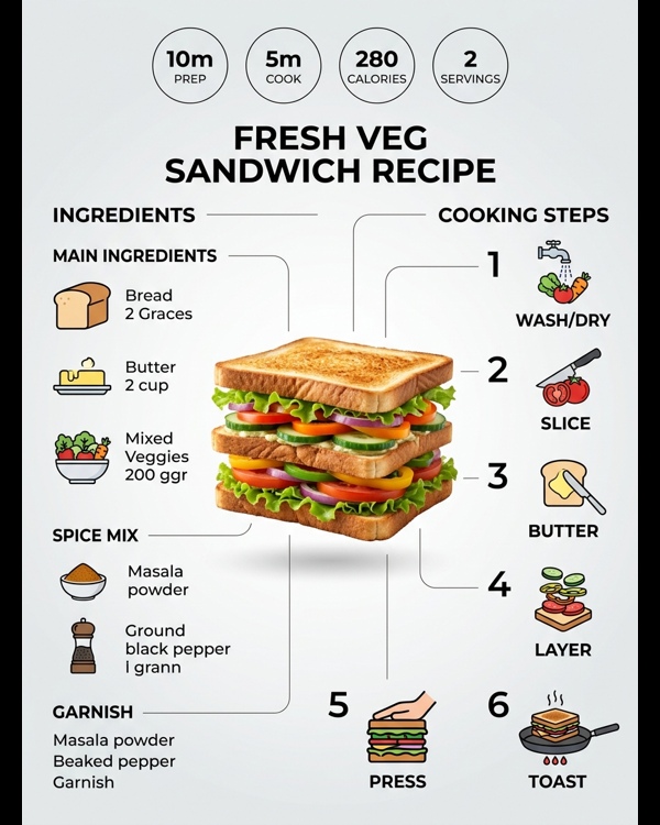 A professionally plated veg sandwich with fresh layers and golden toasted bread