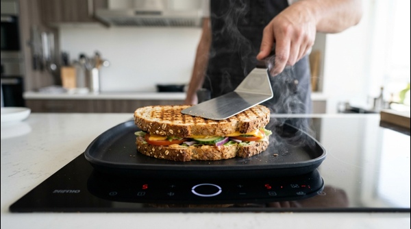 Toasting a veg sandwich on a modern flat pan until golden brown and crispy