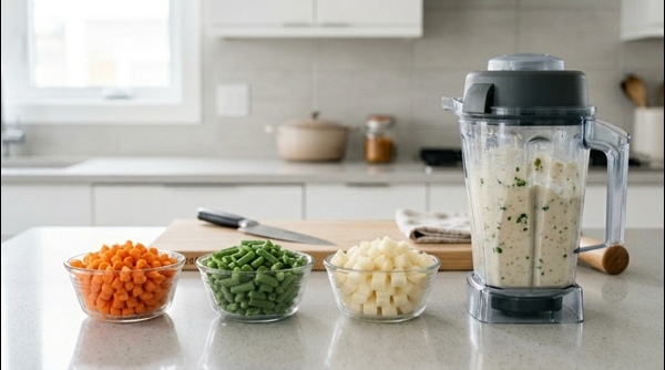 Freshly chopped carrots, beans, and potatoes next to a bowl of coconut spice paste