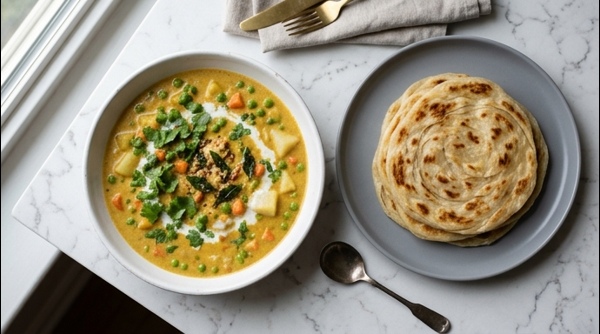 Authentic South Indian vegetable kurma served in a white bowl with fresh cilantro garnish
