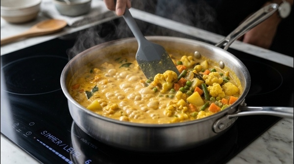Vegetable kurma simmering in a modern stainless steel pan with steam rising