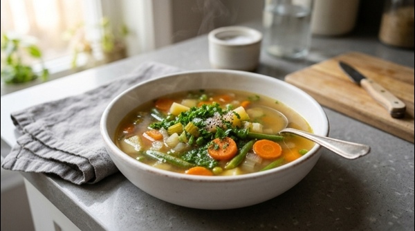 A steaming bowl of colorful vegetable soup with fresh herbs on top