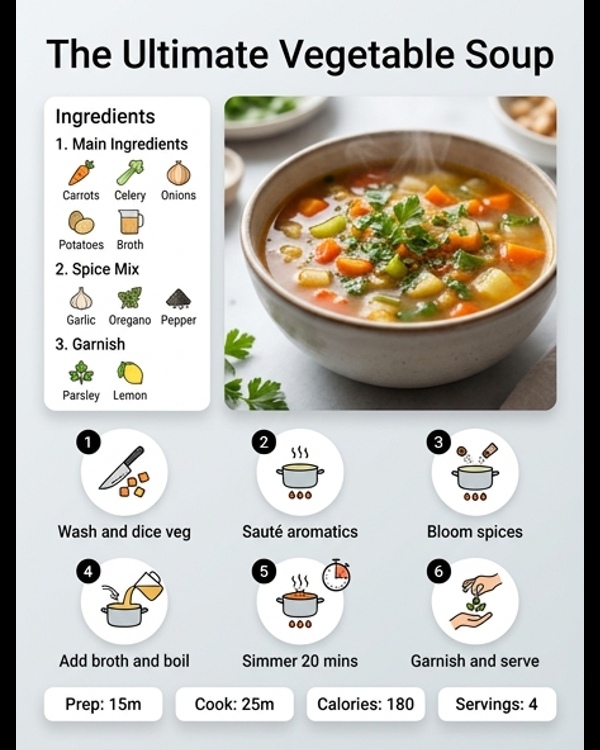 A steaming bowl of colorful vegetable soup with fresh herbs on top