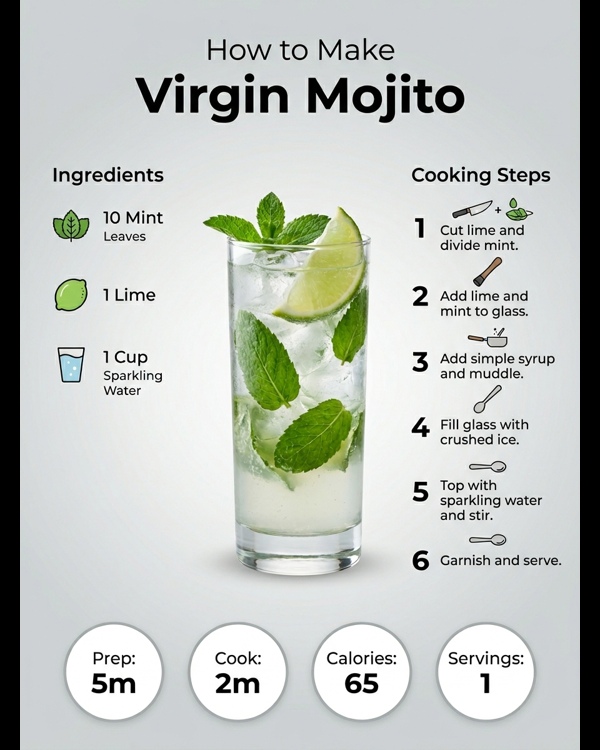 A refreshing glass of Virgin Mojito with fresh mint and lime slices on a white marble counter