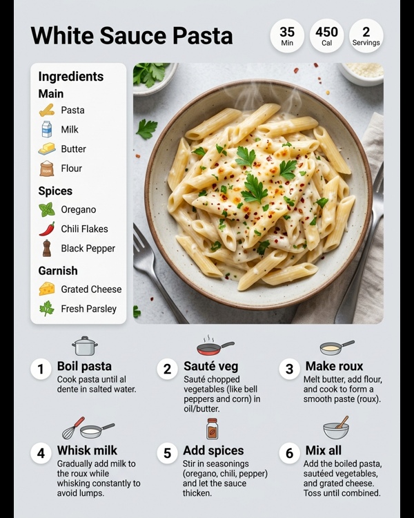 Creamy cafe style veg white sauce pasta served in a bowl with fresh herbs Creamy cafe style veg white sauce pasta served in a bowl with fresh herbs